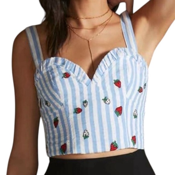Maeve Tops - Maeve Blue White Striped Strawberry Embroidered Cami Crop Top- 12